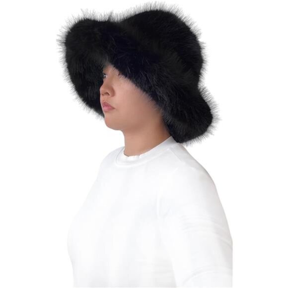 Oversized Winter Faux Fur Bucket Hat for Women Black - Picture 3 of 5